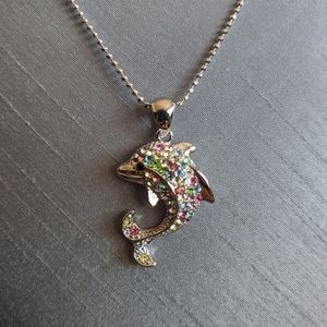 Rainbow Crystals Pave Dolphin Charm Necklace